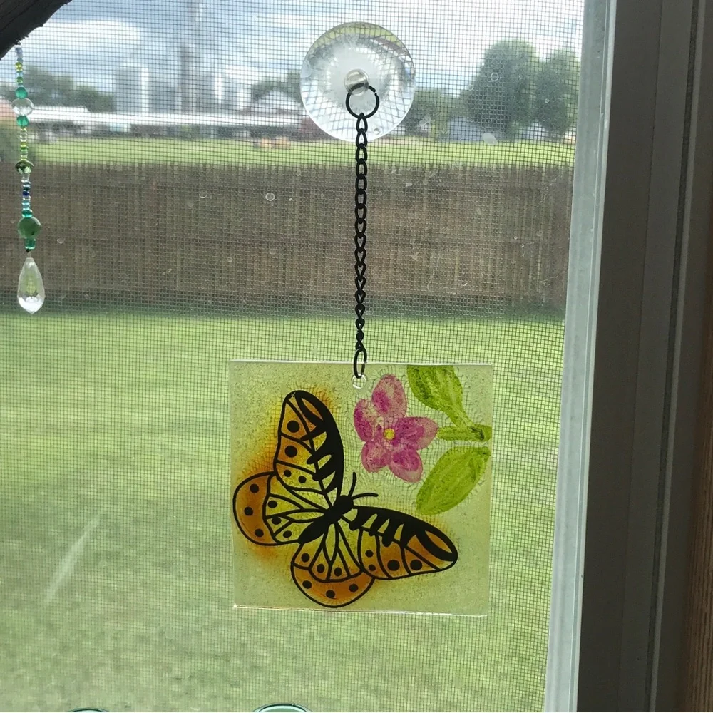 Window Hanging Glass Square Tile Butterfly And Flowers Painted Art Sun Catcher